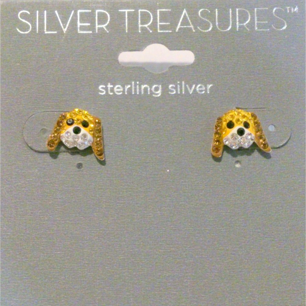Silver Treasures Sterling Silver and Crystal Puppy Dog Pierced Earrings NWT